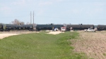 RCMP say a man is dead after a crash near Edgeley, Sask. connected to a train derailment on May 26, 2022. (Katy Syrota/CTV News Regina)
