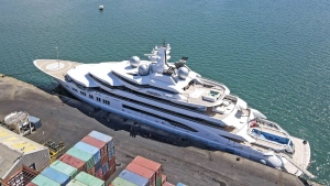 The superyacht Amadea is docked at the Queens Wharf in Lautoka, Fiji, April 15 2022. (Leon Lord/Fiji Sun via AP)