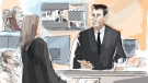 Defence counsel Megan Savard questions Jacob Hoggard at his sex assault trial in Toronto, May 24, 2022 as his wife Rebekah Asselstine (left) and Justice Gillian Roberts (top left) look on in this artist’s sketch. THE CANADIAN PRESS/Alexandra Newbould