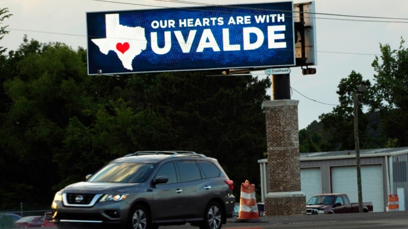 Billboard in Richland, Miss., expresses support for the residents of Uvalde, Texas, on May 26, 2022. (Rogelio V. Solis / AP) 