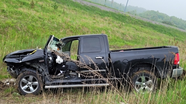 A man is dead after his pick-up truck crashed into a ditch on Highway 407 in Whitby on Friday. (Twitter/@OPP_HSD)