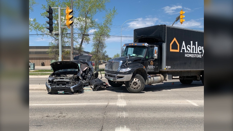 A 47-year-old man has died after a two vehicle crash Friday morning at the intersection of Dugald Road and Bournais Drive. May 27, 2022. (Source: Gary Robson/CTV News)