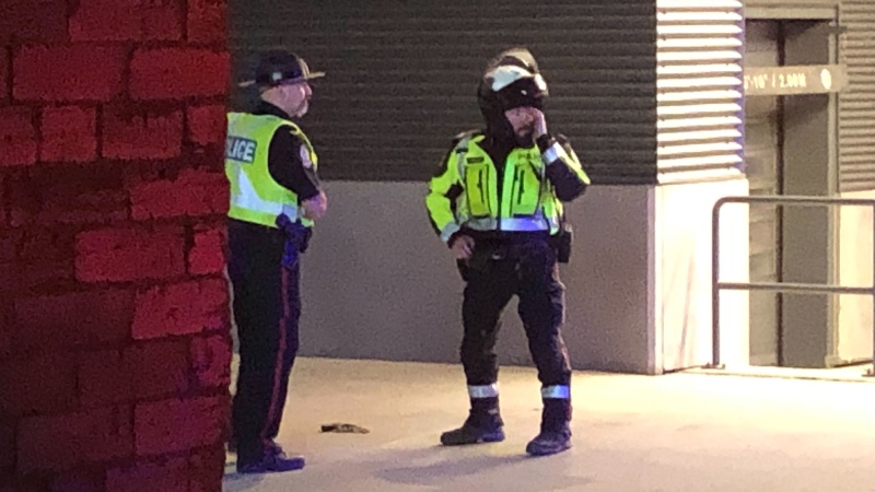 Edmonton police officers conducting traffic control after an Oilers game viewing party Thursday night witnessed and responded to a shooting near the Ice District Plaza (CTV News Edmonton/John Hanson).