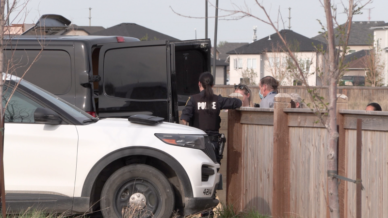Police on scene after the Pembina Trails School Division said Grade 7 and 8 students at Ècole South Pointe School found a body while they were participating in community cleanup. May 27, 2022. (Source: Glenn Pismenny/CTV News)