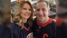 CTV News Calgary at 6 Anchor Tara Nelson and her husband wear Oilers jerseys as part of the Battle of Alberta friendly wager between the two stations (Source: Tara Nelson/Twitter).
