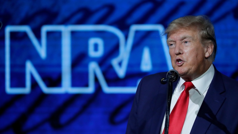 Former U.S. president Donald Trump speaks during the Leadership Forum at the National Rifle Association Annual Meeting at the George R. Brown Convention Center, May 27, 2022, in Houston. (AP Photo/Michael Wyke)