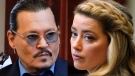 This combination of two separate photos shows actors Johnny Depp, left, and Amber Heard in the courtroom for closing arguments at the Fairfax County Circuit Courthouse in Fairfax, Va., on Friday, May 27, 2022. Depp is suing Heard after she wrote an op-ed piece in The Washington Post in 2018 referring to herself as a "public figure representing domestic abuse." (AP Photos/Steve Helber, Pool) 

