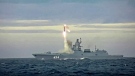 In this image taken from video released by Russian Defence Ministry Press Service on Saturday, May 28, 2022, a new Zircon hypersonic cruise missile is launched by the frigate Admiral Gorshkov of the Russian navy from the Barents Sea. (Russian Defence Ministry Press Service via AP)