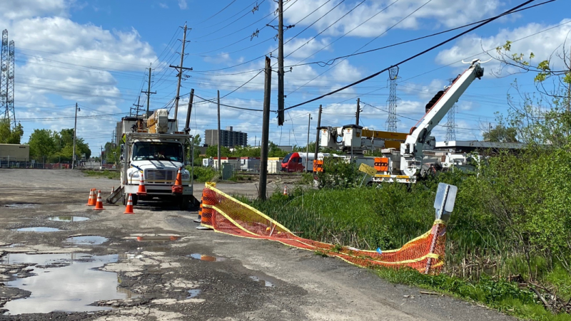 Hydro Ottawa crews are working in the area of Albion Road and Johnston Road on Saturday. (Natalie van Rooy/CTV News Ottawa) 
