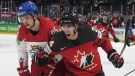 Canada's Dylan Cozens celebrates his goa; against Czechia in the semifinals of the world hockey championship in Tampere, Finland, May 28, 2022. THE CANADIAN PRESS/Martin Meissner