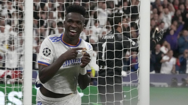Real Madrid's Vinicius Junior celebrates after scoring a goal during the Champions League final against Liverpool at the Stade de France in Saint Denis near Paris, May 28, 2022. (AP Photo/Frank Augstein)