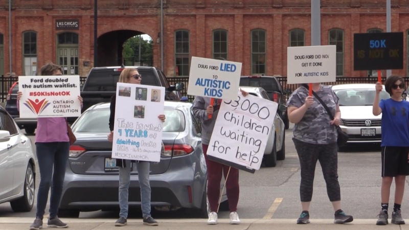 Ontario Autism Coalition rally on Talbot St., St. Thomas on Saturday May 28, 2022 (Brent Lale / CTV News)