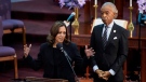 U.S. Vice President Kamala Harris speaks alongside the Rev. Al Sharpton during a memorial service for Ruth Whitfield, a victim of the Buffalo supermarket shooting, at Mt. Olive Baptist Church, May 28, 2022, in Buffalo, N.Y. (AP Photo/Patrick Semansky)