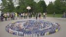 Over 1300 boxes of mac and cheese collected for the domino challenge in Glen Cairn Park North on Saturday, May 28 2022 (Joel Merritt/CTV News London)