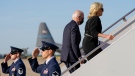 U.S. President Joe Biden and first lady Jill Biden board Air Force One at Delaware Air National Guard Base in New Castle, Del. on May 29, 2022, for a trip to Ulvade, Texas, to visit the community impacted by the mass shooting at Robb Elementary School. (AP Photo/Evan Vucci)