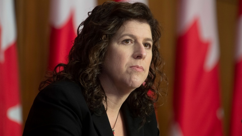 Auditor General Karen Hogan listens to a question during a news conference in Ottawa, Wednesday May 26, 2021. THE CANADIAN PRESS/Adrian Wyld