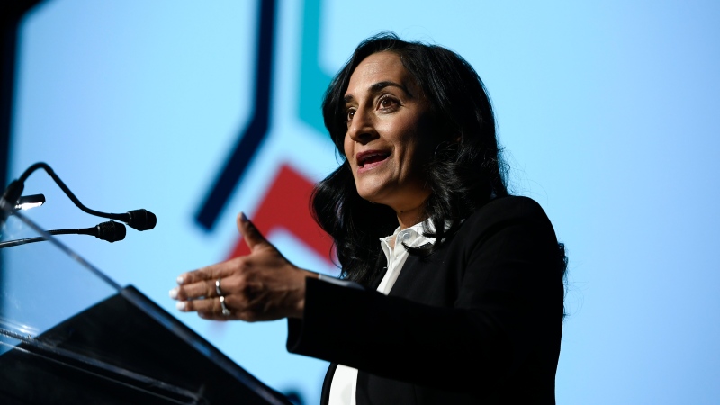 Minister of National Defence Anita Anand makes a keynote address at the CANSEC trade show, billed as North America’s largest multi-service defence event, in Ottawa, on Wednesday, June 1, 2022. THE CANADIAN PRESS/Justin Tang