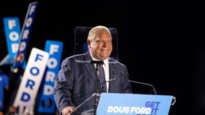 Doug Ford, Leader of the Ontario PC Party, speaks during a rally at the the Toronto Congress Centre in Etobicoke, Ont. on Wednesday June 1, 2022.  THE CANADIAN PRESS/Chris Young