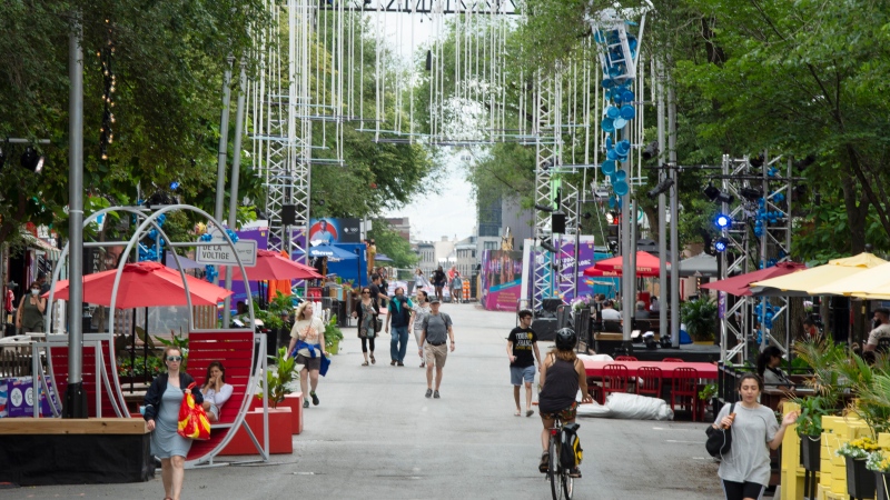A street is closed for the start of the summer festival season, Friday, July 16, 2021 in Montreal.THE CANADIAN PRESS/Ryan Remiorz