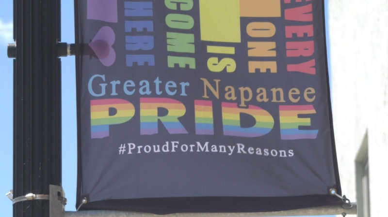 The Greater Napanee Pride banner flies outside Napanee, Ont. City Hall ahead of the town's first Pride parade on Sunday. (Kimberley Johnson/CTV News Ottawa)