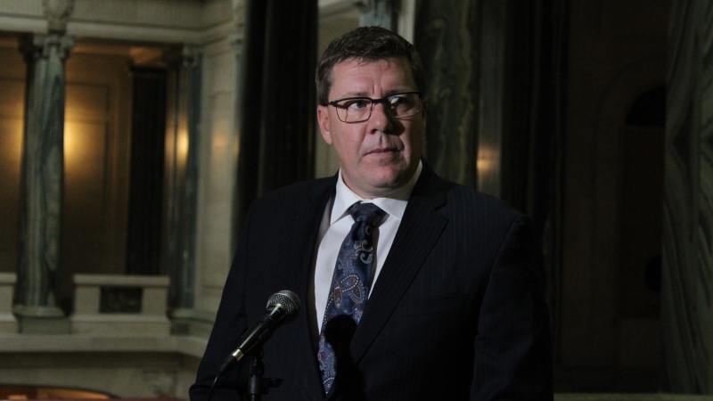 Premier Scott Moe speaking to reporters following Question Period on November 16, 2021. (David Prisciak/CTV News)