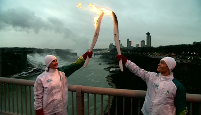 The Olympic torch relay arrives at Horseshoe Falls in Niagara Falls, Ont. on Monday, Dec. 21, 2009.