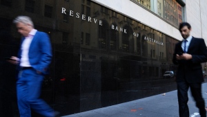 Outside the Reserve Bank of Australia in Sydney, Australia, on May 3, 2022. (Mark Baker / AP) 