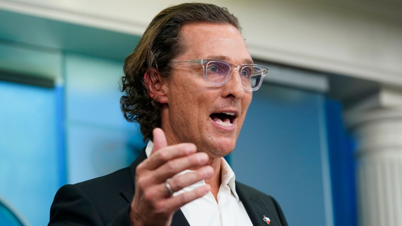 Matthew McConaughey, a native of Uvalde, Texas, talks about the mass shooting in Uvalde as he joins White House press secretary Karine Jean-Pierre for the daily briefing at the White House in Washington, Tuesday, June 7, 2022. (AP Photo/Susan Walsh)