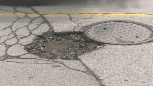 A pothole on a Simcoe County road. (Catalina Gillies/CTV News)