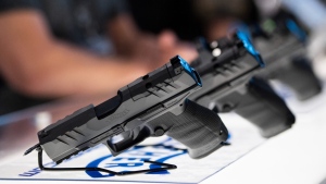 A Walther PDP pistol is seen at the booth of an exhibitor that provides weapons to government, military and law enforcement clients, at the CANSEC trade show in Ottawa, June 1, 2022. THE CANADIAN PRESS/Justin Tang
