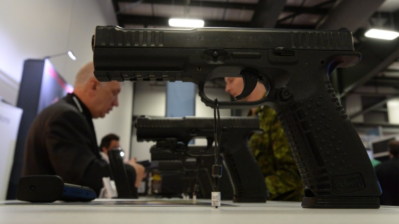 A handgun manufacturer product is displayed at the CANSEC trade show in Ottawa on May 28, 2014. THE CANADIAN PRESS/Sean Kilpatrick