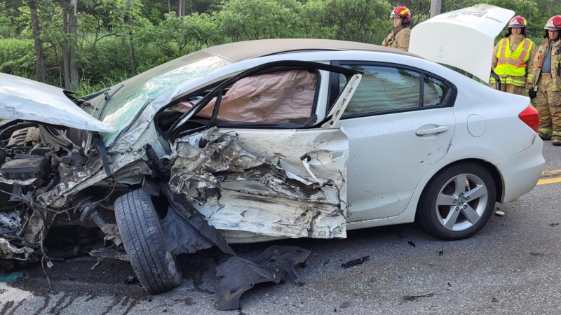 MRC-des-Collines-de-l'Outaouais police claim a 23-year-old woman fell asleep at the wheel on Highway 309 near L'Ange-Gardien, Que. Satuday, June 11, 2022, triggering a three-vehicle crash. (MRC-des-Collines-de-l'Outaouais police/handout)
