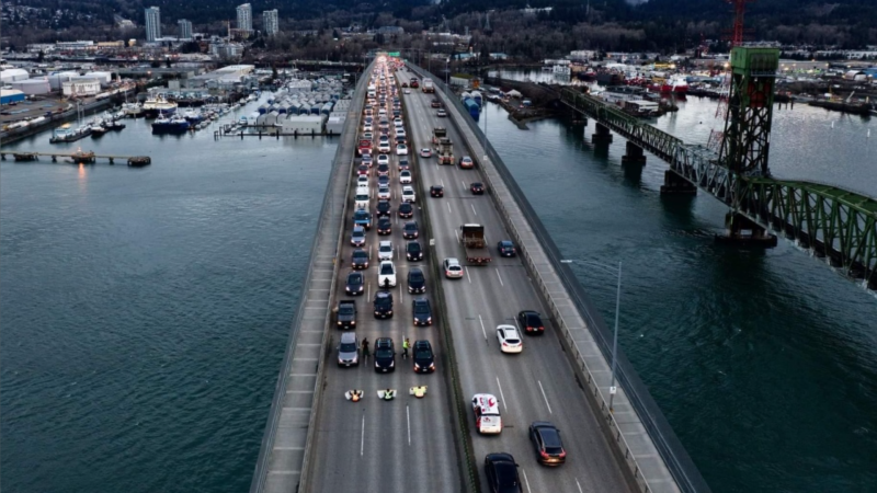 Protesters block traffic on the Second Narrows Bridge on Jan. 31, 2022. (Save Old Growth)