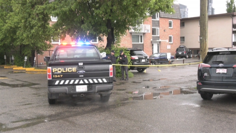 Calgary police investigate a shooting in the area of Kensington Road and 14th Street N.W. on Monday, June 13, 2022.