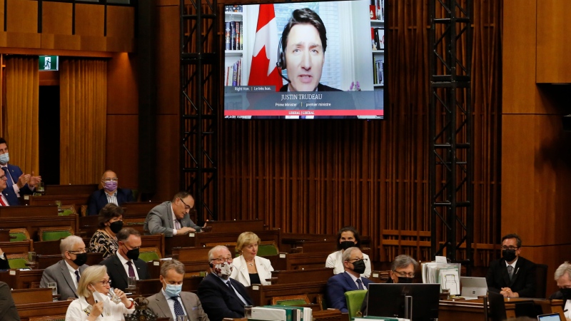 Le premier ministre Justin Trudeau se lève virtuellement pendant la période des questions à la Chambre des communes sur la colline du Parlement à Ottawa le mardi 14 juin 2022. LA PRESSE CANADIENNE/Patrick Doyle