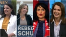 The four women running for the UCP's top job and to be Alberta's next premier: Rajan Sawhney, Rebecca Schulz, Leela Aheer, and Danielle Smith (CTV News Edmonton/CTV News Calgary/The Canadian Press/CTV News Edmonton).