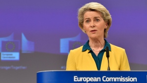 European Commission President Ursula von der Leyen speaks during a media conference after a meeting of the College of Commissioners at EU headquarters in Brussels, Friday, June 17, 2022. Ukraine's request to join the European Union may advance Friday with a recommendation from the EU's executive arm that the war-torn country deserves to become a candidate for membership in the 27-nation bloc. (AP Photo/Geert Vanden Wijngaert)