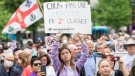 People take part in a protest against Bill 96 in Montreal, Thursday, May 26, 2022. The language law reform, known as Bill 96, forbids provincial government agencies, municipalities and municipal bodies from making systematic use of languages other than French. (THE CANADIAN PRESS/Graham Hughes)