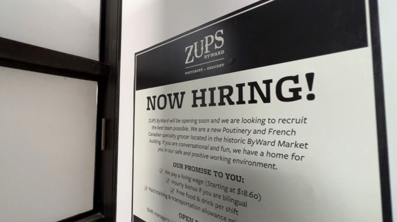 Zups ByWard, a French-Canadian artisan grocer and poutinerie, is hiring staff above minimum wage and offers extra incentives such as free meals and some transportation costs. Ottawa, Ont., Jun. 21, 2022. (Tyler Fleming / CTV News).
