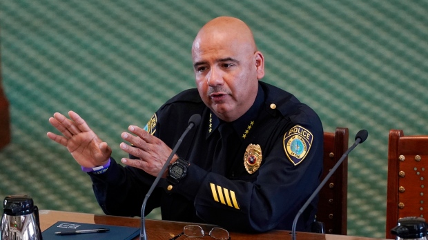 Elmendorf Police Chief Marco Pena testifies on the second day of a hearing in the state senate chamber, Wednesday, June 22, 2022, in Austin, Texas. (AP Photo/Eric Gay)