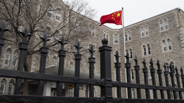 The flag of the People's Republic of China flies at the Embassy of China in Ottawa, Nov. 22, 2019. THE CANADIAN PRESS/Justin Tang