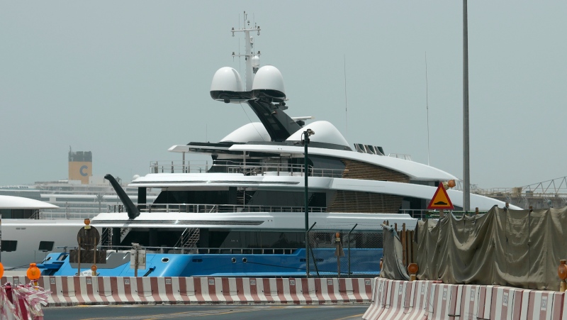 The Madame Gu superyacht, owned by Russian parliamentarian Andrei Skoch, is docked at Port Rashid terminal, in Dubai, United Arab Emirates, Thursday, June 23, 2022. (AP Photo/Kamran Jebreili)