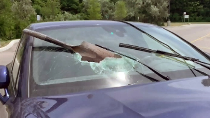 Shovel goes through windshield on Hwy 403 in Missi