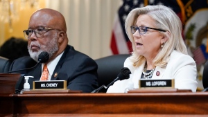Chairman Bennie Thompson, D-Miss., left, listens as Vice Chair Liz Cheney, R-Wyo., speaks as the House select committee investigating the Jan. 6 attack on the U.S. Capitol continues to reveal its findings of a year-long investigation, at the Capitol in Washington, Thursday, June 23, 2022. (AP Photo/J. Scott Applewhite)