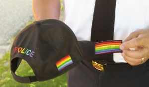 If they choose to, North Bay police officers will be sporting new ball caps and Velcro patches on their uniforms for the rest of the month. (Eric Taschner/CTV News)