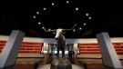 An 8-foot tall, 1,200-pound Longhorn statue greets visitors at the new Frank Denius Family University of Texas Athletics Hall of Fame, Aug. 30, 2019, in Austin, Texas. (AP Photo/Eric Gay)