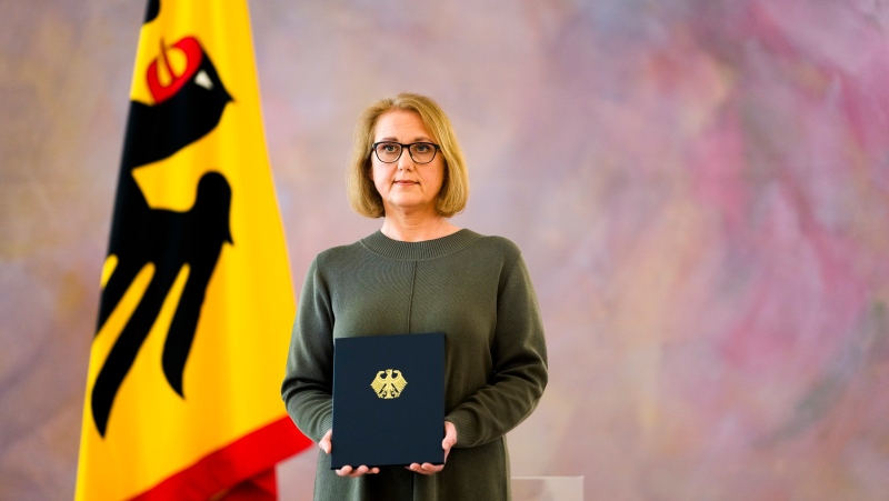 German Minister for Family Affairs, Senior Citizens, Women and Youth, Lisa Paus, at Bellevue Palace in Berlin, Germany, Monday, April 25, 2022. (AP Photo/Markus Schreiber)