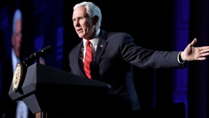 Then-U.S. Vice President Mike Pence speaks at the National Religious Broadcasters Convention in Nashville, Tenn., on Feb. 27, 2018. (Mark Humphrey / AP) 