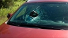A metal winch smashed into a car on Highway 403 near Woodstock. (Twitter: OPP West Region)