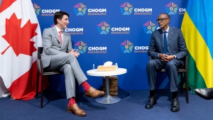 Prime Minister Justin Trudeau chats with Rwanda President Paul Kagami during a bilateral meeting at the Commonwealth Heads of Government Meeting in Kigali, Rwanda on Friday, June 24, 2022. THE CANADIAN PRESS/Paul Chiasson